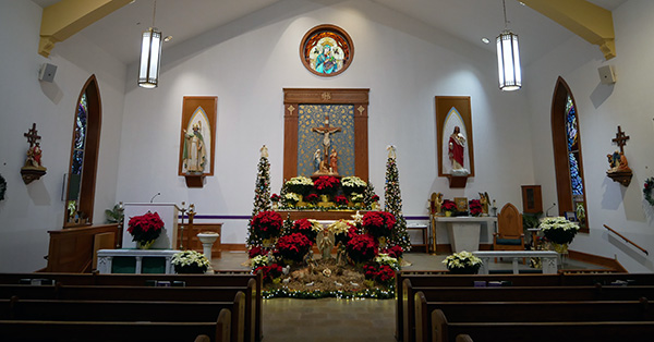 front of church with Christmas decorations
